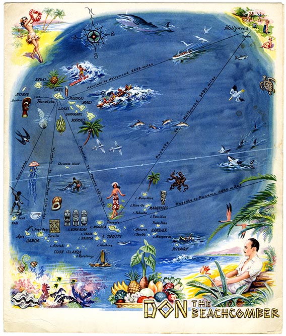 A hand-illustrated map of the Pacific Ocean, showing distances from Hawaii to Hollywood, Hawaiian women dancing, tropical fruits, dolphins, and the Don the Beachcomber logo on the bottom right. This is the cover of a Don the Beachcomber menu from 1943.