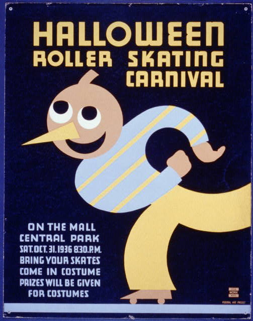 A stylized graphic image of a roller-skating figure with a Jack O'Lantern head, grinning. The poster reads: Halloween Roller Skating Carnival.